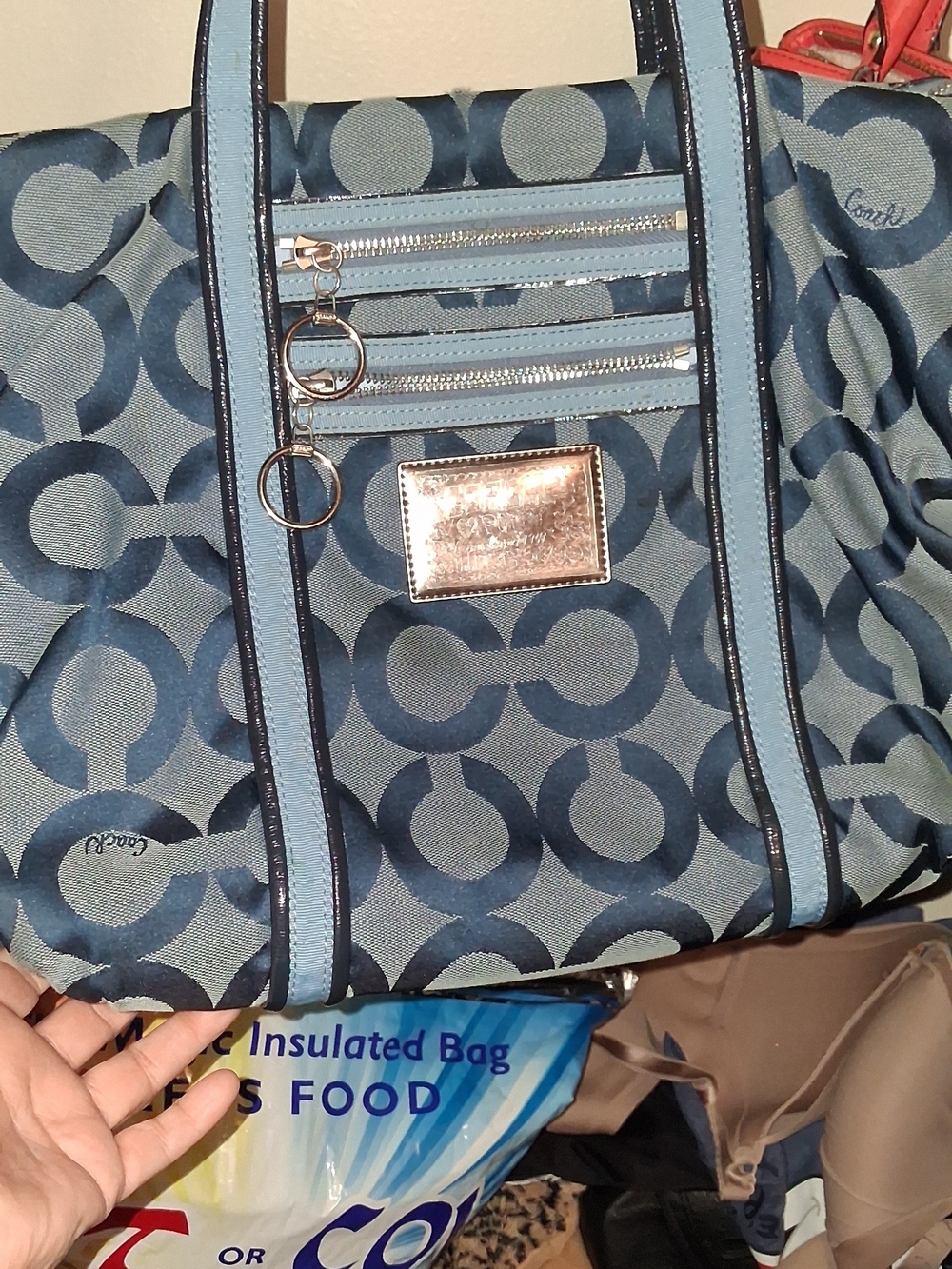 Coach Blue Signature Canvas Tote with Light Blue Trim and Silver Hardware